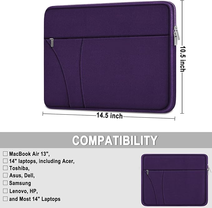 Laptop Sleeve Case 14 inch, Slim Traveling Laptop Cover with Zippered Pocket, Shockproof Protective Carrying Briefcase Computer Bag for 14" MacBook Air/Pro, HP, Dell, Lenovo, Acer, Dark Purple