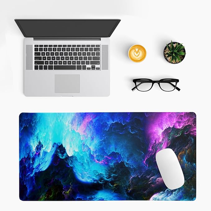 Dazzling Galaxy Gaming Mouse Pad 27.6x11.8 Inch Blue Purple Galaxy Nebula Universe Space Large Mousepad Non-Slip Rubber Base Stitched Edges Keyboard Mouse Mat Desk Pad for Office Home and Game