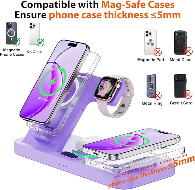 Dual Phone Magnetic Wireless Charging Station for Apple Ecosystem, Wireless Charging Station for Apple Devices with Auto Switch 7-Color Light & Clock,for iPhone17,for iwatch10, for AirPods Pro3（Puple