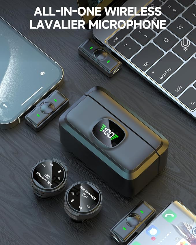 2 Pack Wireless Lavalier Microphone for iPhone 15, Android, USB C, ipad with Adapter Included, Noise Cancellation Mini Lapel Mic for YouTube, Recording, Vlog, Facebook Live Streaming (Black)
