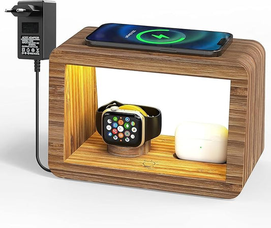 Bamboo Charging Station for Multiple Devices,15W Fast Wireless Charging Station with Nightlight, 3 Color & 4 Adjustable Brightness Compatible with Phone/Watch/AirPods