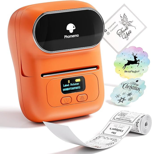 Phomemo Barcode Printer - M110 Label Maker Machine Wireless Bluetooth Themal Label Printer for Small Business, School, Barcode, Address, Jewelry, Clothing, Organizing, Orange