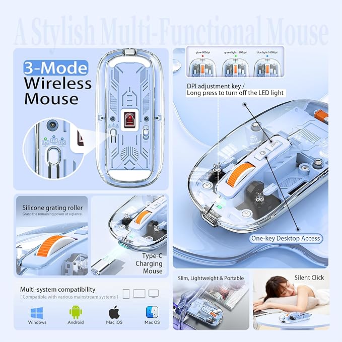 Modern Transparent Slim Wireless Mouse - Magnetic Shell Design, 3-Mode (Dual Bluetooth + USB), Rechargeable, One-Touch Desktop, for MacBook/pc/iPad/Laptop (Blue)