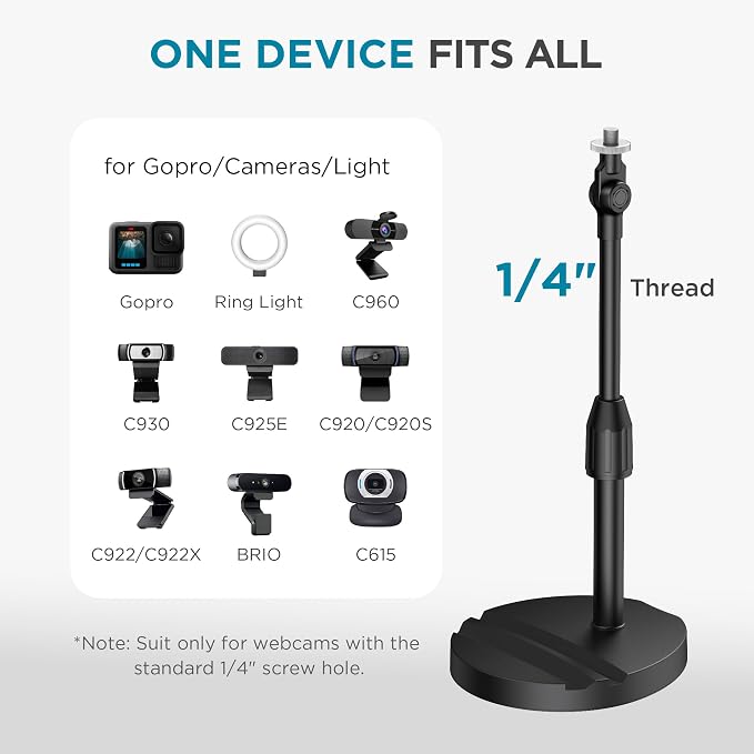 InnoGear Webcam Mount for Desk, Table Telescopic Webcam Stand with Phone Holder for Camera Webcam C922 C930e C920S C920 C615 C960 C920x BRIO 4K NexiGo N60, Right Light, GoPro with 1/4" Thread - Image 6