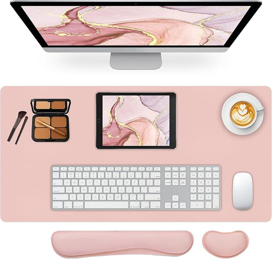 Desk Pad Mat Set,3-in-1 Large Mouse Pads with Wrist Rest and Keyboard Pad, Pink Desk Mats for Keyboards and Mouses, Ergonomic Keyboard and Mouse Mat Set for Office Home Decor, 31.5" x 15.7"