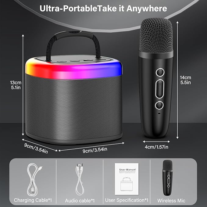 JYX Mini Karaoke Machine for Kids - Black Bluetooth Speaker Unpowered Cabinets with Party Lights and 1 Wireless Microphone, Great for Adults, Ideal for Family Home Parties and Birthday Gifts