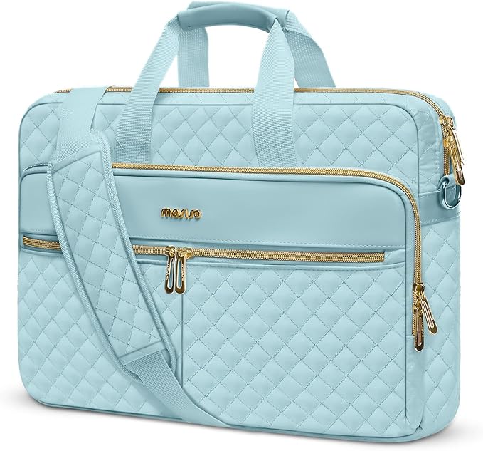 MOSISO 15-16 inch Laptop Bag, Laptop Briefcase Messenger Compatible with MacBook Pro 16/Air 15, HP, Dell, Lenovo, Square Quilted Computer Bag Work Office Business with 3 Pockets&Strap, Ice Blue