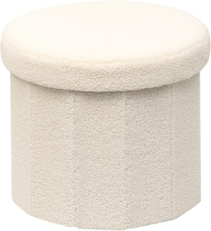 B FSOBEIIALEO Storage Ottoman Cube, Round Ottomans with Storage Foot Stool Footrest for Lving Room, Boucle Ottoman Seat for Dorm Room,Faux Teddy Fur, White 15"x15"x13.19"