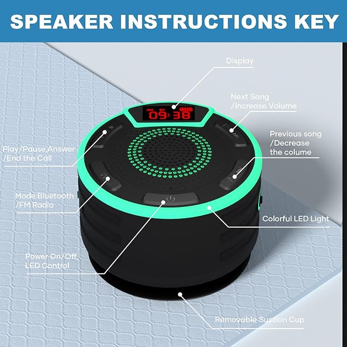 Bluetooth Speakers, IPX7 Waterproof Shower Speaker, Portable Speaker with LED Display, FM Radio, Suction Cup, Light Show, Built-in Mic, Best Gifts for Pool Beach Home Party Travel Outdoors