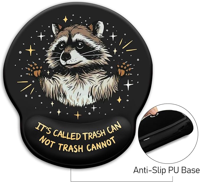 Mouse Pad with Wrist Rest, Funny Trash Raccoon Ergonomic Mousepad Wrist Support for Desk, Cute Animial Gaming Mousepads for Wireless Mouse Computer Work Home Desk Accessories Office Supplies Black