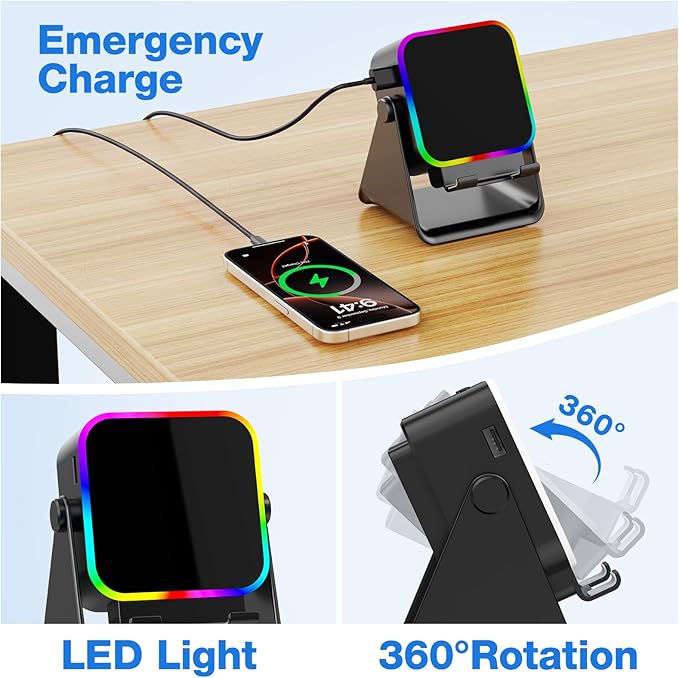TARKARI Wireless Induction Speaker, 5 in 1 Bluetooth Speaker with Phone Stand, Charging Function 360° Rotation Phone Holder Compatible with iPhone Android iPad Samsung, Birthday Gifts for Men Women