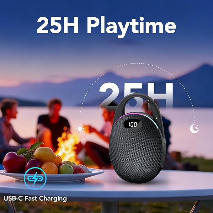 Portable Mini Bluetooth Speaker with HD Sound, LED Power Display, Big Pro Sound with Punchy Bass,Integrated Carabiner, 25H Playtime, Colorful RGB Lights, TWS pairing,Outdoor/Party/Travel, Gift Ideas