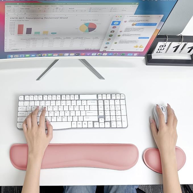 Wrist Rest for Computer Keyboard and Mouse, Ergonomic Design Wrist Support Pad for Keyboard, Soft Memory Foam Desk Pads Support Hand and Arm Easy Typing Pain Relief, 2 Piece Pad, Pink