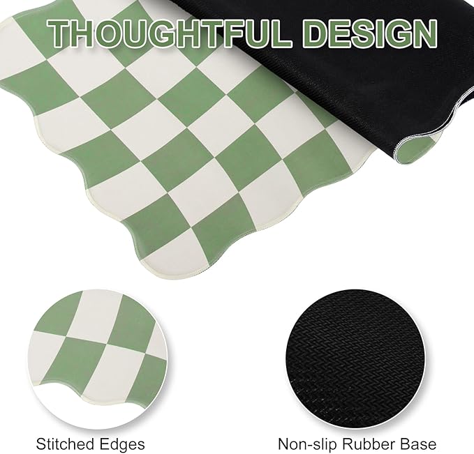 L-SPOUTTO Green Mouse Pad,Geometric Desk Mat XXL Large Scalloped Gaming Mousepad,35.4x15.7in Non-Slip Rubber Base Keyboard Pad Waterproof Desktop Mat for Laptop Computer Game Home Office-Checkered