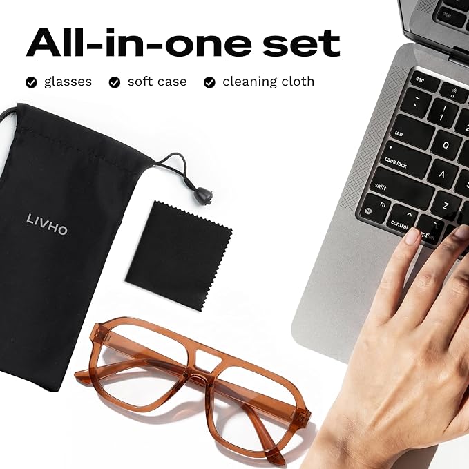 livho Retro Aviator Blue Light Blocking Glasses for Women Men with Soft Case, Trendy Rectangle Computer Eyeglasses