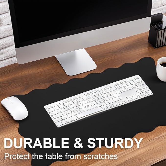 Scalloped Desk Mat Leather Desk Pad Protector Non-Slip PU Leather Table Protector Waterproof Mouse Pad Keyboard Mat Curly Mousepad PC Accessories Gift for Office Home (Black)
