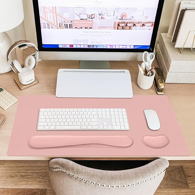 Desk Pad Mat Set,3-in-1 Large Mouse Pads with Wrist Rest and Keyboard Pad, Pink Desk Mats for Keyboards and Mouses, Ergonomic Keyboard and Mouse Mat Set for Office Home Decor, 31.5" x 15.7"