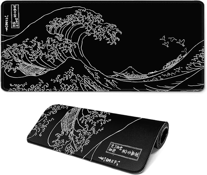 Gaming Mouse Pad, Large 31.5 x 11.8 inches Mousepad, Long Keyboard Pad, Cute Mouse Mat for Computer with Stitched Edges and Non-Slip Base (Black Japanese Wave)