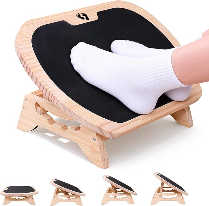 Wood Adjustable Under Desk Footrest - Ergonomic Foot Rest with 4-Level Height/Angle, Non-Slip Surface - Improves Posture & Circulation for Home Office(Natural Wood)