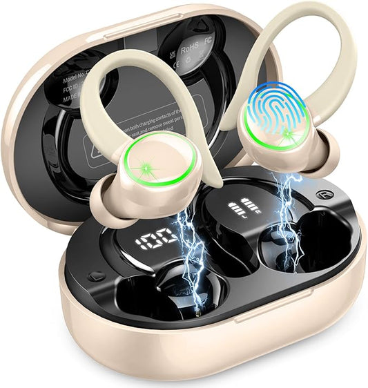 Wireless Earbuds, Bluetooth Headphones Sports, Deep Bass Earphones Gym Running, IP7 Waterproof Headset with Earhook Workout, 50H Playback Over-Ear Buds with ENC Noise Cancelling Mic