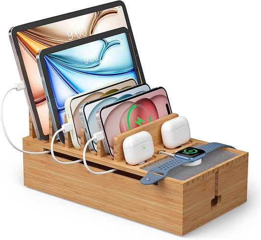 Pezin & Hulin Bamboo Charging Stand Rack, Wooden Charge Box for Mobile Phones, Tablets, Smart Watch and Earbuds, Wire Cable Organizer Box, Bedside Dock Stand Holder (NO Power Adapter Supply) -Natural