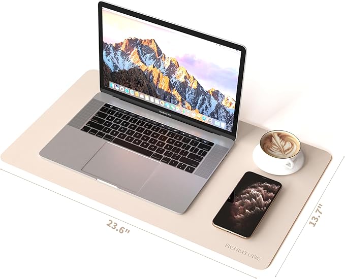 RENMTURE PU Mouse Pad, Faux Leather Large Desk Pad, Home Work Office Accessories, Non-Slip Desk Mat, Waterproof Gaming Pad Desk Blotter (23.6" x 13.7", Beige)