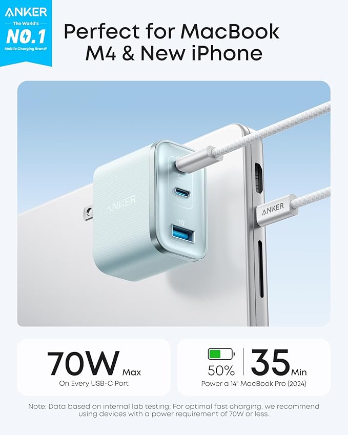 Anker Nano Charger, Ultra-Fast 70W Output 3-Port USB C Charger Block, Fast Charging, Compact and Stylish, for iPhone 17/16 Series, MacBook, iPad, Pixel, Galaxy, and More(Blue, Cable Included)