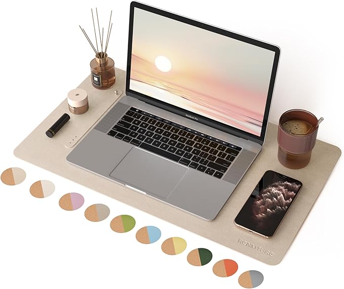 RENMTURE Desk Pad, Cork & PU Leather Desk Mat, Large Mouse pad, Non-Slip Desk Protector and Blotter, Waterproof Writing Pad, Desk Accessories and Organizers for Home Office (Golden,23.6" x 13.7")