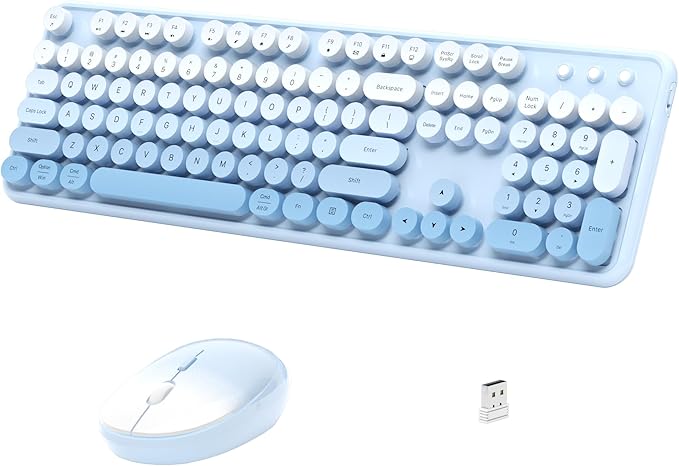 Wireless Keyboard and Mouse, Full-Size Retro Typewriter Keyboard with Round Keycaps, 2.4GHz for Windows, Mac, Laptop, PC, Desktop (Blue Gradient)