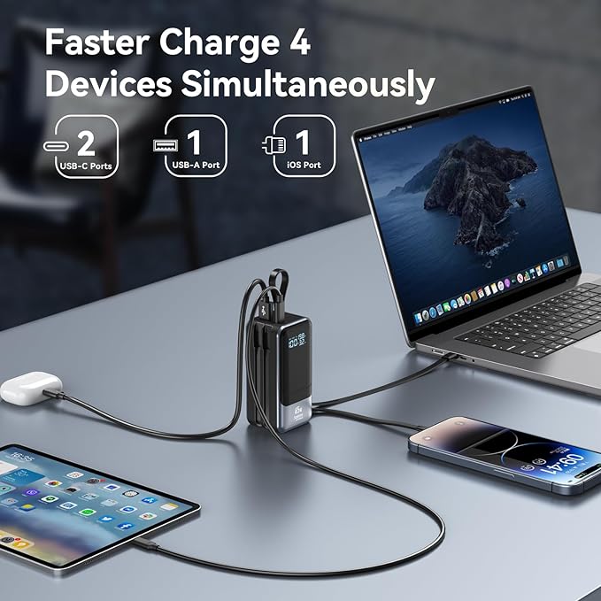 Fast Charging Power Bank 18400mAh 65W Portable Laptop Charger, LCD Display, Travel Essential Battery Pack with Built-in USB-C & Lightning Cables for iPhone 16/15/14/13/12 MacBook Samsung