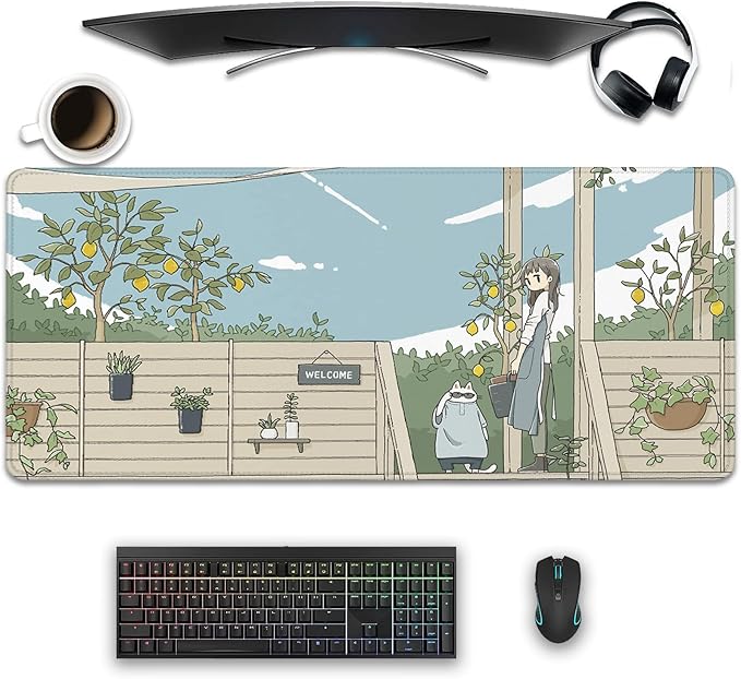 Cute Anime Mouse Pad,Japanese Street Mousepad Kawaii Gaming Large Desk Mats Extended Mouse Pad with Stitched Edges Aesthetics Scenery Village City Large Keyboard Mat for Office Home Work(27.5X11.8 in)