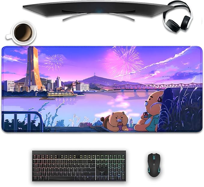 Cartoon Bear Large Desk Mat, Fireworks Theme - Gaming Mouse Pad for Computer, Office, Home (27.5x11.8 in)