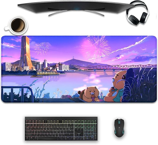 Cartoon Bear Large Desk Mat, Fireworks Theme - Gaming Mouse Pad for Computer, Office, Home (27.5x11.8 in)