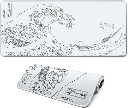 Gaming Mouse Pad, Large 31.5 x 11.8 inches Mousepad, Long Keyboard Pad, Cute Mouse Mat for Computer with Stitched Edges and Non-Slip Base (Japanese Grey White Wave)