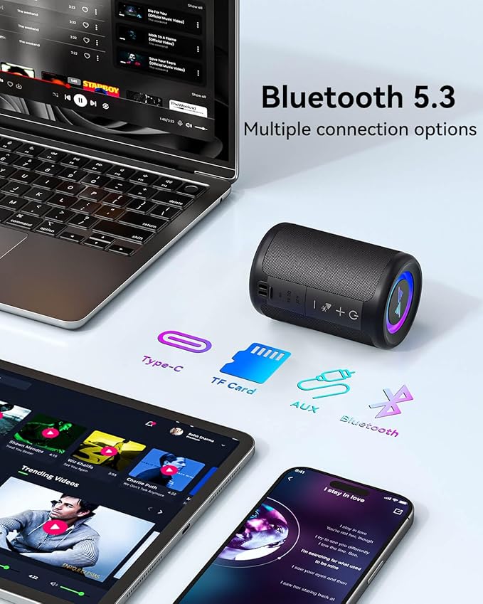 LENRUE Small Portable Bluetooth Speaker with Lights, TWS Stereo Surround Sound, Type C Powered, Bluetooth 5.3, AUX TF Card Input, Wireless for Outdoor Home, Coolest Gifts