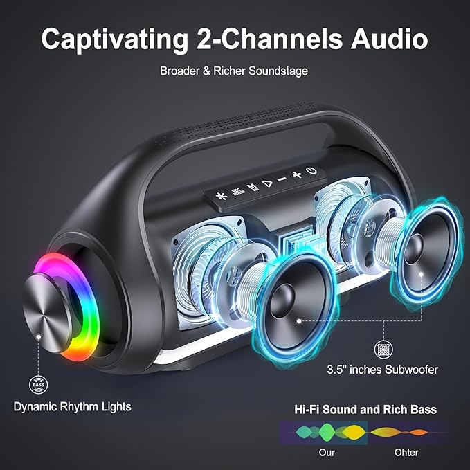 Bluetooth Speaker, IPX5 Waterproof Portable Bluetooth Speaker with Powerful Bass & LED Lights, BT5.3, Wireless Stereo Pairing for Home Party, Beach, Outdoor Camping, Support USB/TF Card/AUX/TWS