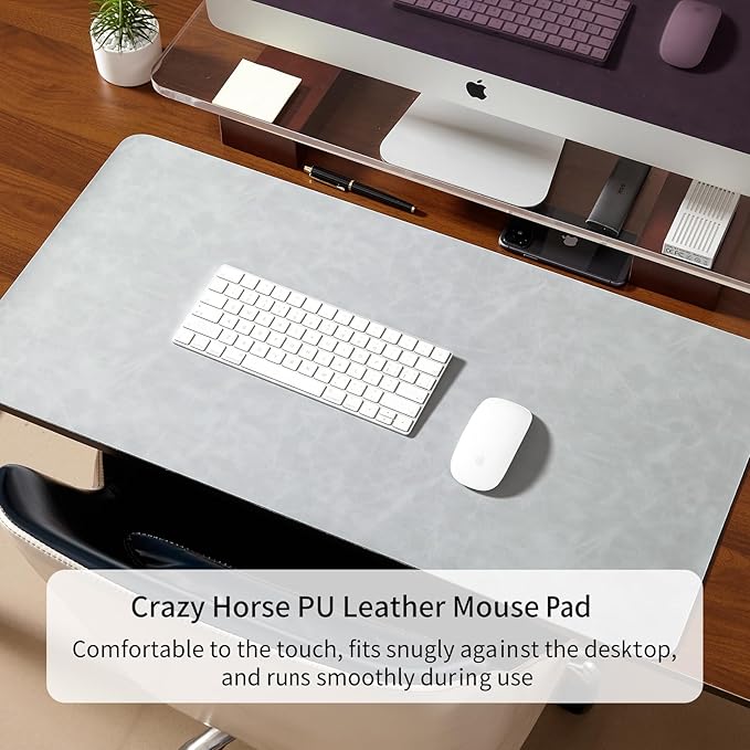 Desk Pad Soft PU Leather Large Mouse Pad Laptop Computer Desk Mat Table Blotter Flat Smooth Waterproof Non-Slip Desktop Protector Writing Pad for Office and Home (Light Grey, 60x35cm)