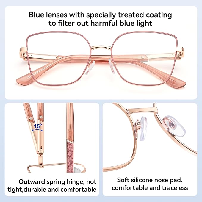 Dollger Red Oversized Square Blue Light Blocking Glasses for Women Trendy Oversized Computer Gaming Eyeglasses Cat Eye Metal Frame bluelight glasses Red Gold