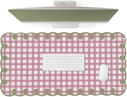 Cute Pink Green Scalloped Desk Mat Checkered Large Mouse Pad Kawaii Retro Cozy Vintage Cottagecore Aesthetic Office Desk Decor Stitched Nonslip Pad for Computer Keyboard & Mouse 31 * 15.7in