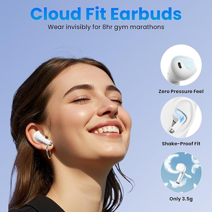 Wireless Earbuds, Bluetooth Headphones with Deep Bass Stereo, 48H Playback Ear Buds with LED Power Display, Lightweight, IPX7, in-Ear Earphones with Mic for iPhone/Android/iPad, White