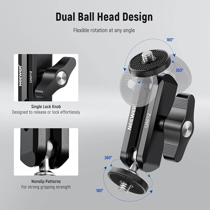 NEEWER Flexible Articulating Magic Arm with Dual Ball Heads, CNC Machined Aluminum Alloy with 1/4" Screws&Holes for Camera Monitor, LED Light, Microphone, Tripod, Compatible with SmallRig Cage, UA012 - Image 3