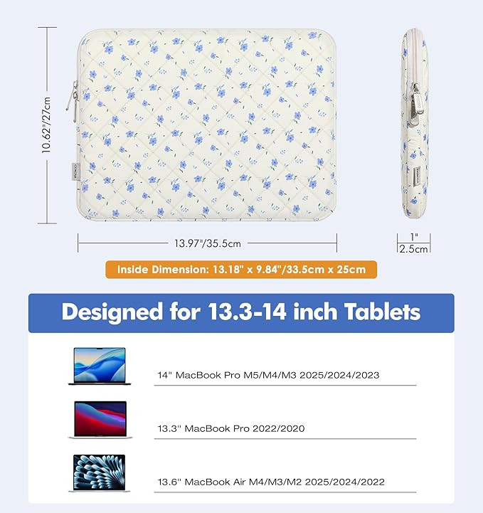 MoKo 13.3-14 inch Laptop Sleeve Bag Protective Carrying Case for New 13-inch Mac Air/Pro M4, 14" Mac Pro M3/M2/M1, 13" MacAir M3/M2/M1, Laptop Bag with Handle, Blue Floral