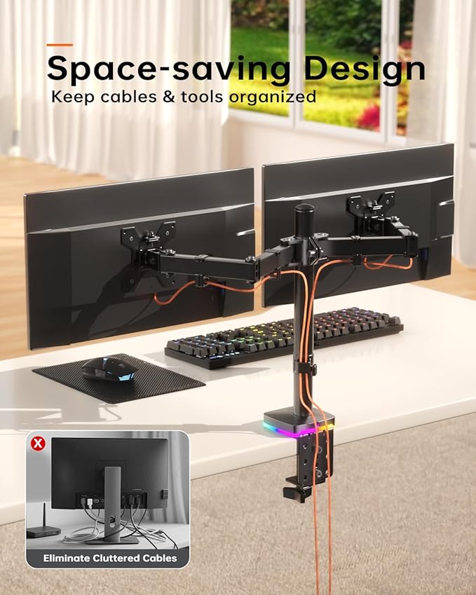 Afaloona RGB Dual Monitor Desk Mount, Monitor Stand with 3 USB Ports, Charging and USB Data Transfer Function, Adjustable Arms for 13-27" Monitors up to 17.6lbs, VESA 75x75-100x100mm,Ergonomic Design