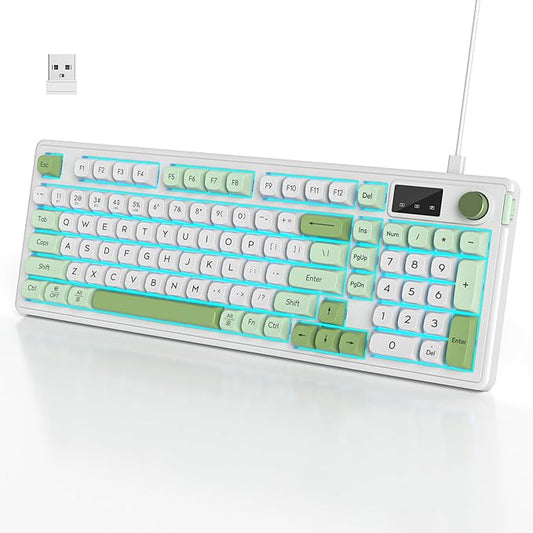 96% Wireless Keyboard with Number Pad and Knob,3-Modes Wired/Bluetooth 5.0/2.4G 98 Keys ABS Ball Caps RGB Quiet Mechanical Feel Membrane Gaming Keyboard for Win/Mac（Snowgreen）