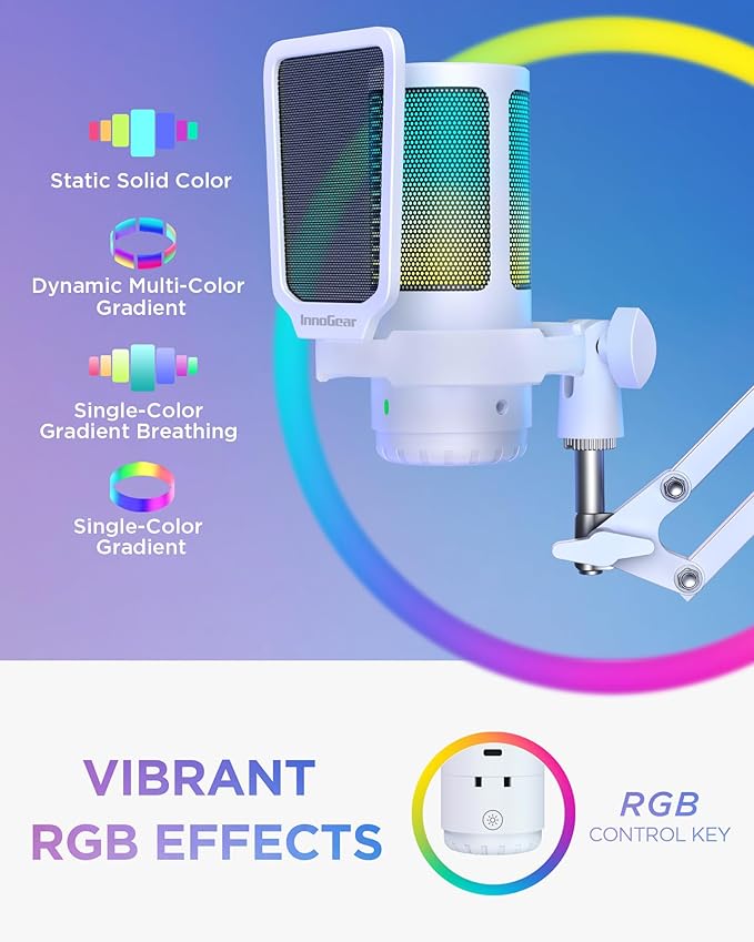 InnoGear Gaming USB Microphone, Noise Cancellation Condenser Mic with Mute, Gain, RGB Indicator, Boom Arm Stand for Streaming, Podcast, Twitch, YouTube, Discord, PC, Computer, PS4, PS5, Mac, White