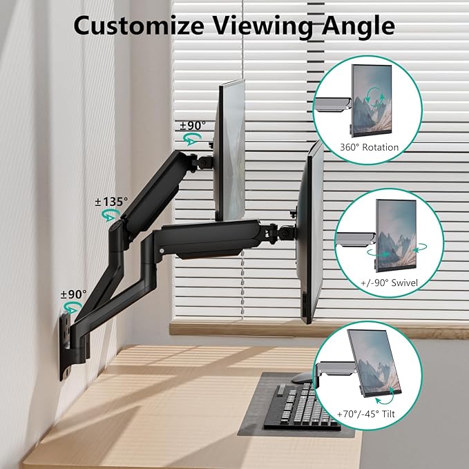 WALI Dual Monitor Wall Mount for 17 to 32 inch Screens, Monitor Wall Mounts for 2 Monitors, Holds up to 22 lbs, Fully Adjustable Monitor Arm,75x75/100x100 VESA Wall Mount (GSWM002), Black