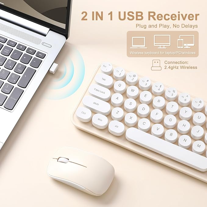 i68 Wireless Keyboard and Mouse Combo, Retro Typewriter Style Keyboard with Round Keycaps, 2.4GHz Connection with Computer PC Desktops Laptop WindowsxP/7/8/10 (Yellow)