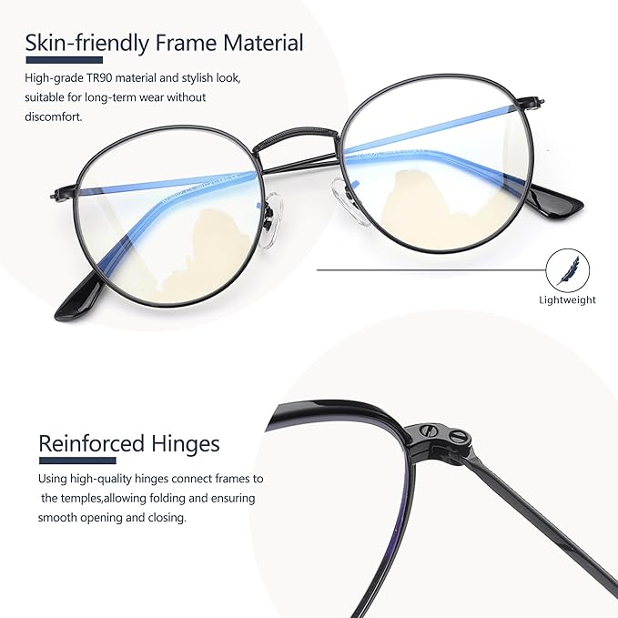 Round Blue Light Blocking Glasses for Men Women, Circle Metal Wire Rimmed Frame Glasses Anti Glare & UV RF5002