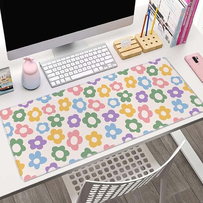Vintage Groovy Flowers Desk Mat Large Gaming Mouse Pad XL Extended Mousepad Desk Pad Big Keyboard Pad Desktop Mouse Mat 31.5"x11.8" Deskmat for Gamers with Stitched Edges Non-Slip Rubber Base