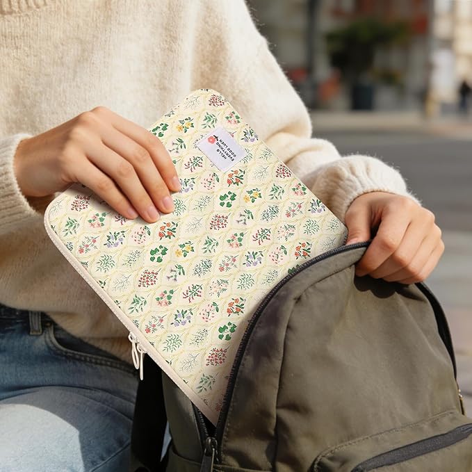 Puffy Laptop Sleeve Case Cute Computer Bag, 14 Inch Flower Printed Quilted Laptop Carrying Cases, Protective Floral Soft Padded Cover Accessories, Compatible with 14"" Notebook, Style A